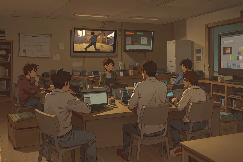 The image shows a group of people in a room, sitting around a table and working on computers. There are two large screens on the wall behind them, one showing a video of someone dancing and the other showing a document. The people are all wearing casual clothes and look to be focused on their work. The room is messy, with papers and books scattered around.