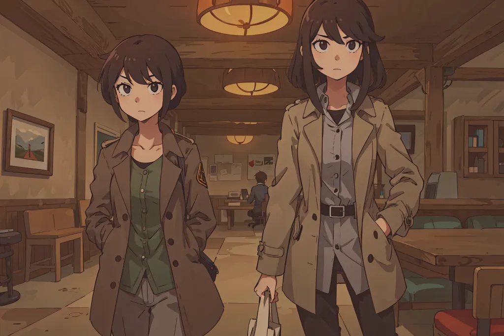 This is an image of two anime girls in a room. The room is decorated with wood paneling and there are several chairs and a table in the background. There is also a man sitting at a desk in the back. The two girls are both wearing trench coats and have their hands in their pockets. The girl on the left has a badge on her coat. They both have neutral expressions on their faces.