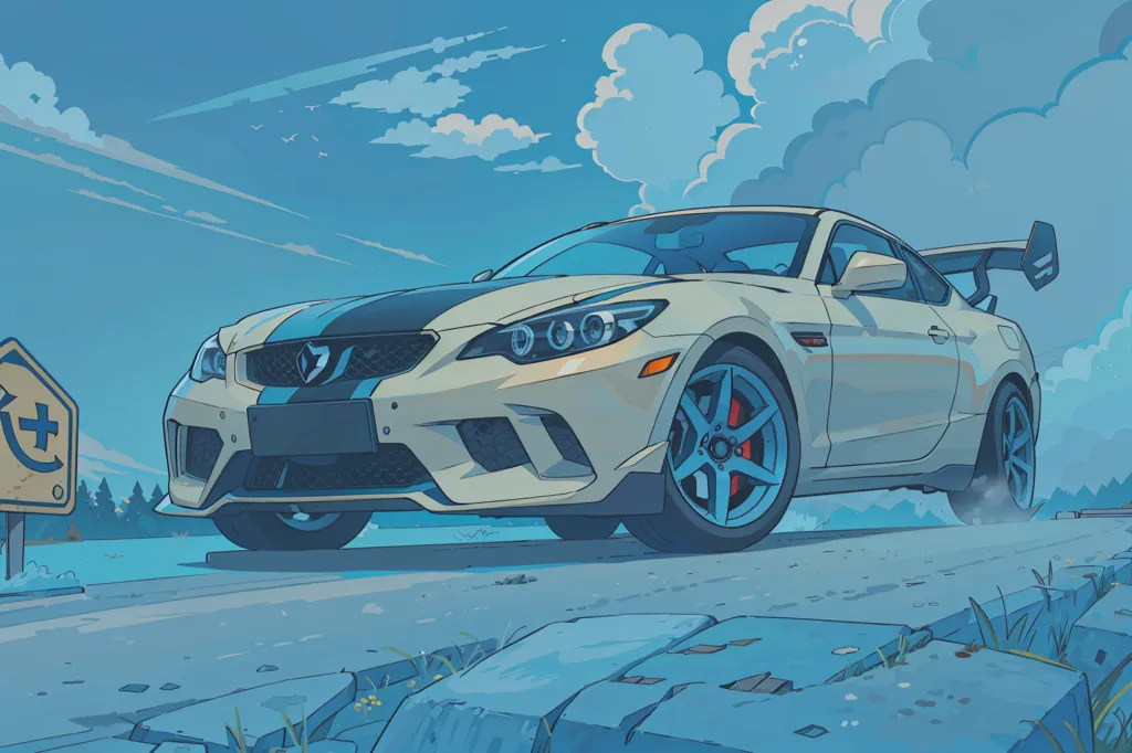 The image is a digital painting of a white sports car with a black stripe down the hood and a large rear spoiler. The car is parked on a winding road with a guard rail on the left and a large rock wall on the right. The sky is blue and cloudy, and the sun is shining brightly. The car is very detailed, and the artist has used a variety of colors and shading to create a realistic image. The image is also very dynamic, and the artist has used a variety of techniques to create a sense of speed and motion.