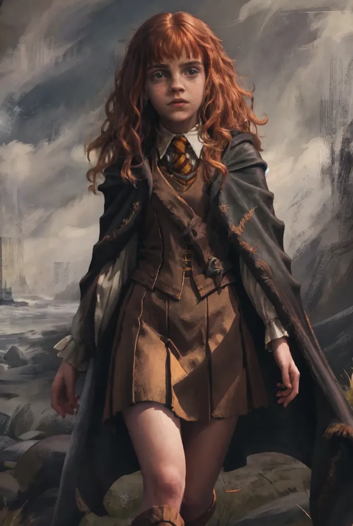 The image shows a young woman with long red hair. She is wearing a brown skirt, a white blouse, and a black vest. She is also wearing a black cape with a brown collar. The woman is standing in a dark and stormy setting. There is a castle in the background. The woman is looking at the viewer with a serious expression.