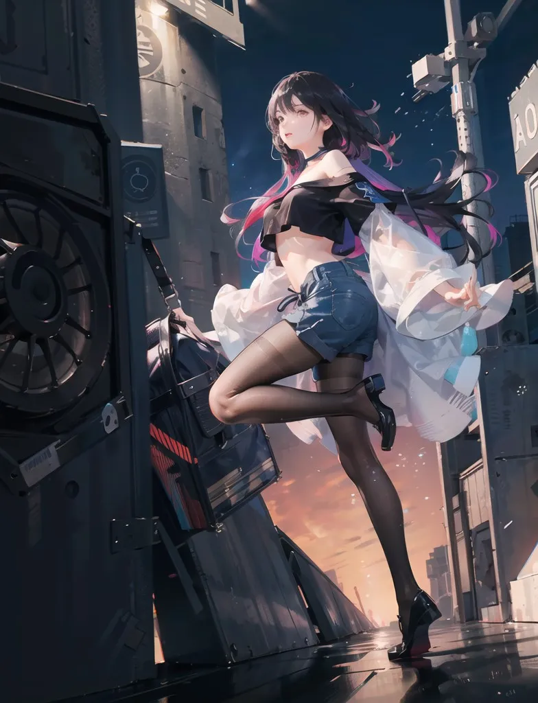 The image is of a young woman standing in a futuristic city. She is wearing a short white shirt, blue jean shorts, and black stockings. She has long black hair and purple eyes. She is carrying a large black bag on her right shoulder. The city is in the background and is made up of tall buildings and skyscrapers. The sky is dark and there are clouds in the distance.