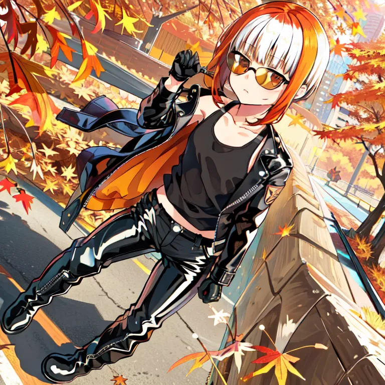 This is an image of a young woman with short orange hair and white hair on the right side of her head. She is wearing a black leather jacket, a black crop top, and black leather pants. She is also wearing brown boots and sunglasses. She is standing in a street with a road to the right and buildings to the left. The street is lined with trees that have orange leaves. The woman is smiling and has her right hand on her hip. She is also carrying a black bag over her shoulder.