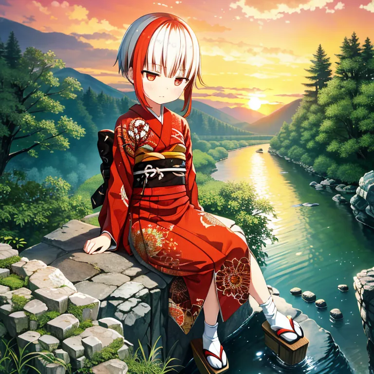 The image shows a young girl with red and white hair wearing a red kimono with white and gold accents sitting on a large rock in a river. The girl has red eyes and is looking at the viewer with a slight smile. The river is surrounded by green trees and mountains and the sun is setting in the background. The girl is wearing traditional Japanese sandals and her feet are in the water.