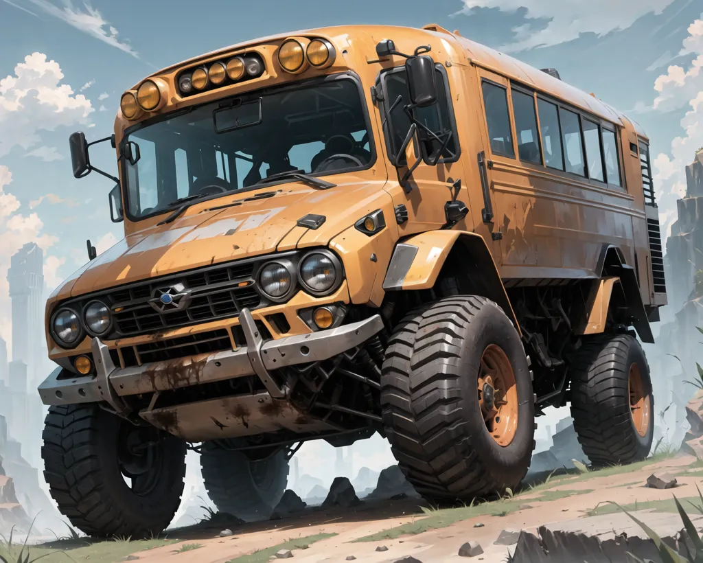 The image shows a yellow school bus with big wheels. It looks like an apocalypse version of a school bus. The bus is rusty and has a lot of scratches. The windows are boarded up with metal plates. There are a few bullet holes in the body of the bus. The bus is surrounded by a rocky landscape with large boulders and mountains in the background. The sky is cloudy and looks like it might rain.