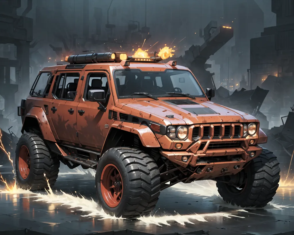 The image shows an orange post-apocalyptic car with off-road wheels driving through a destroyed city. The car has a roof rack with a spare tire and a light bar. The city is in ruins, with buildings destroyed and debris everywhere. The car is moving quickly, and water is splashing up from the wheels. The image is full of action and suspense.