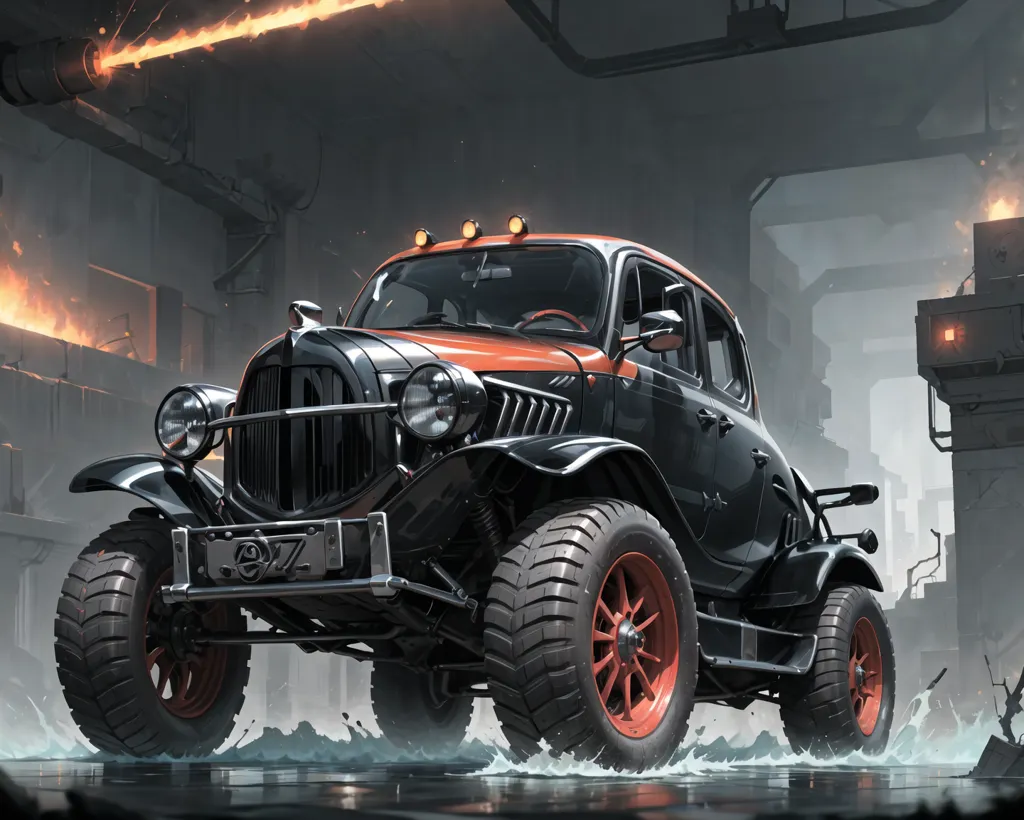 The image shows a black and orange retrofuturistic car. It has a large chrome grille and round headlights. The car is also equipped with a roof rack and a set of off-road tires. The car is parked in a dark and dirty environment. There is a fire in the background. The car is also covered in water.