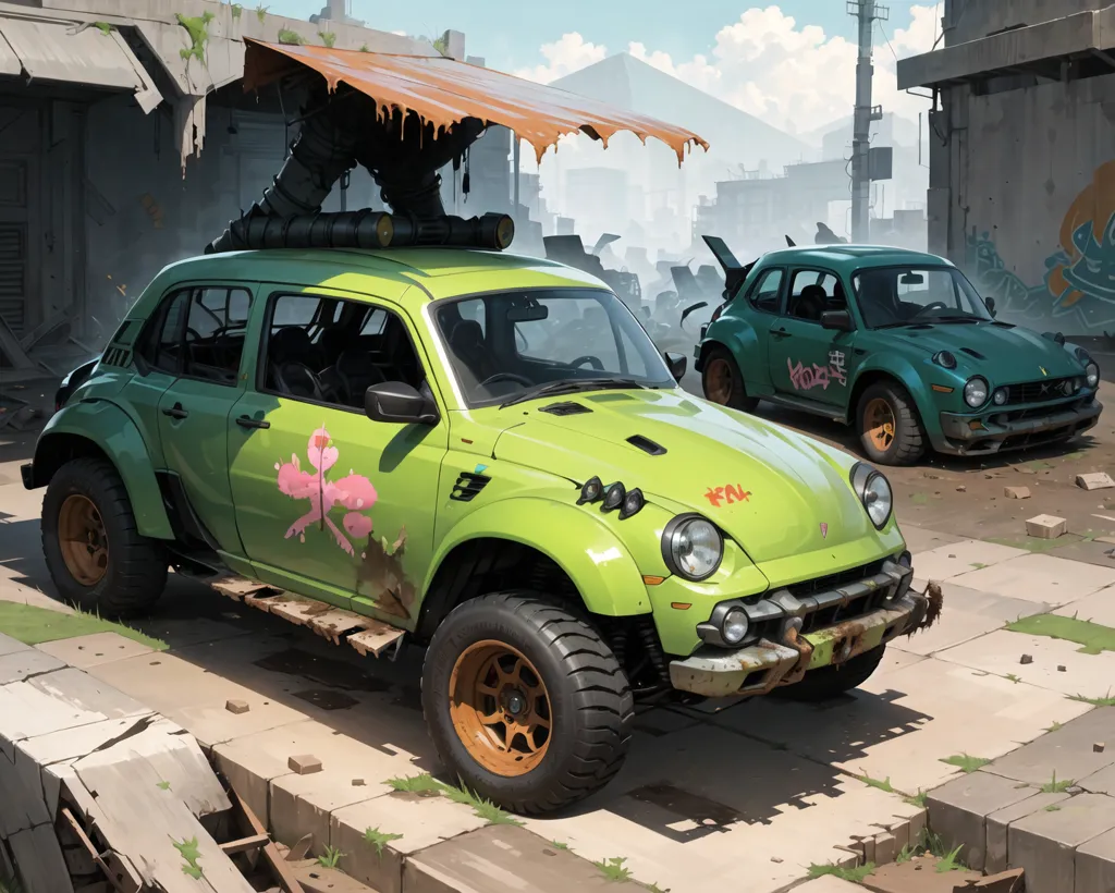 The image shows two cars in a post-apocalyptic setting. The cars are both green and have been modified with large off-road tires and other accessories. The cars are parked in a destroyed city, and large buildings and concrete slabs surround them. The sky is cloudy, and the sun is shining through the clouds.