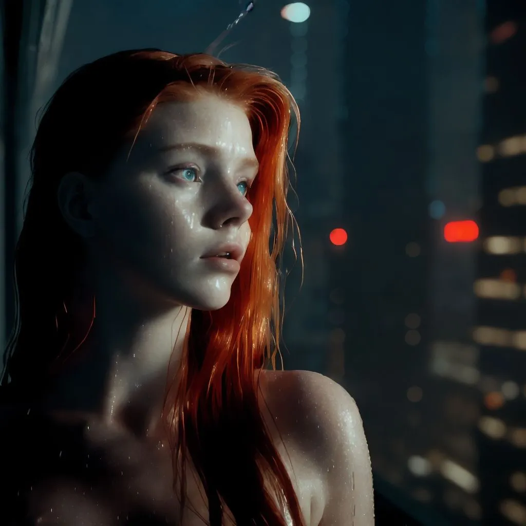 The image is a portrait of a young woman with long, wet, red hair. She has blue eyes and a fair complexion. She is standing in front of a window, and the city lights are reflected in the glass. She is wearing a dark dress, and her shoulders are bare. She is looking out the window, and her expression is pensive.