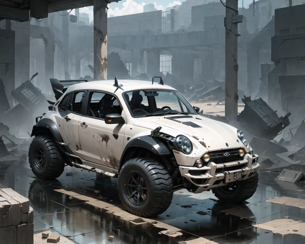 The image shows a white futuristic car in a destroyed city. The car is a four-door hatchback with a large spoiler on the back. It has off-road tires and a raised suspension. The city is in ruins, with destroyed buildings and rubble everywhere. The sky is cloudy and there is a hint of rain in the air.