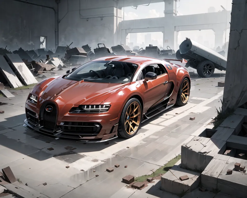 A red Bugatti Chiron is parked in a destroyed city. The car is in pristine condition, while the city is in ruins. There are large concrete blocks and other debris scattered around the car. The sky is hazy and there are no people visible in the image.