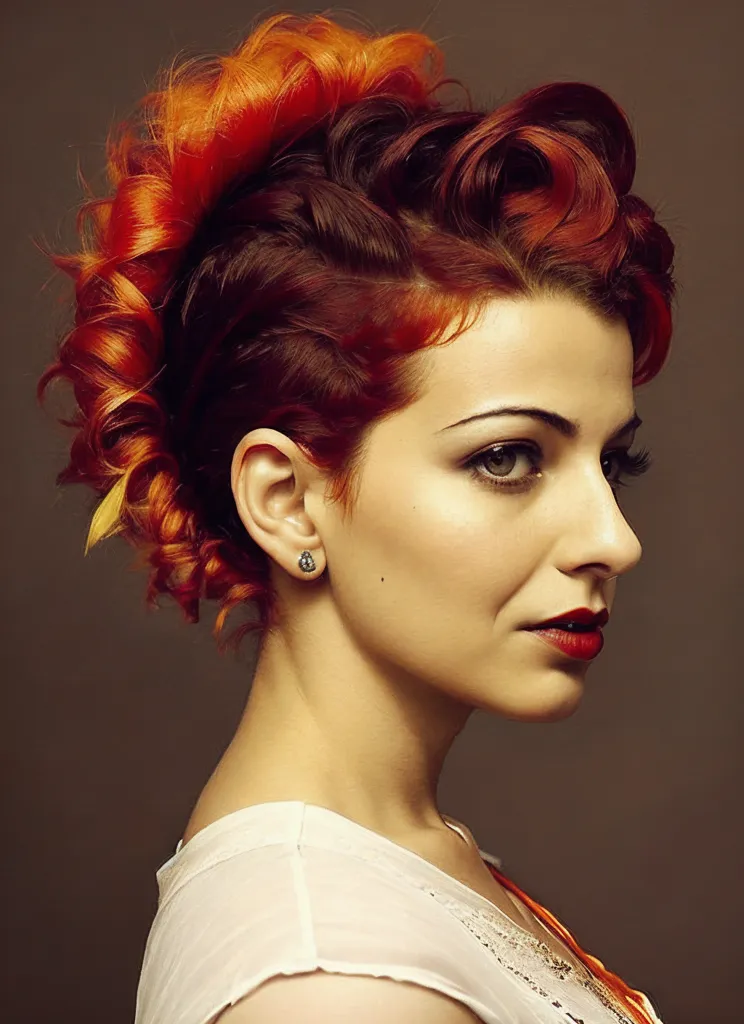 La imagen muestra a una mujer joven con el cabello corto y rojo. El cabello está peinado en un mohicano con los lados de la cabeza afeitados. La mujer tiene una tez clara y ojos oscuros. Lleva una camisa blanca. Está mirando hacia la derecha del encuadre.