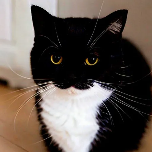 Ini adalah gambar seekor kucing. Ia memiliki bulu hitam dengan bercak putih di dadanya dan kumis putih. Matanya berwarna kuning dan hidungnya berwarna merah muda.