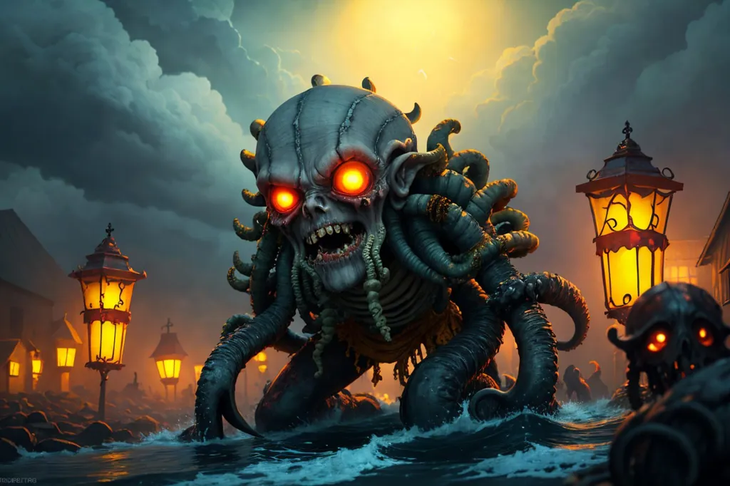 The image is a dark and stormy night. The sea is rough and choppy. In the foreground of the image, there is a large, octopus-like creature. The creature is standing on the edge of the water, and it is looking at the viewer with its glowing red eyes. The creature is very detailed, and you can see the individual tentacles on its arms. The creature is also very muscular, and it looks like it would be very strong. In the background of the image, there is a town. The town is lit by lanterns, and there are people walking around. The people in the town are all dressed in dark clothes, and they look scared. The image is very atmospheric, and it captures the feeling of a dark and stormy night.