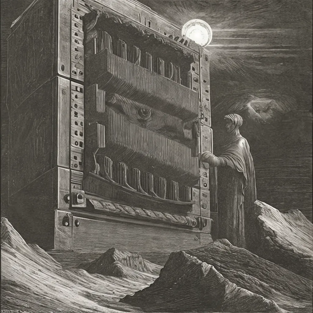 The image is in black and white. It shows a large, mysterious machine with an eye-like feature in the center. The machine is located in a mountainous landscape with a full moon in the sky. A figure in a long robe is standing to the right of the machine, looking at it with one hand raised.