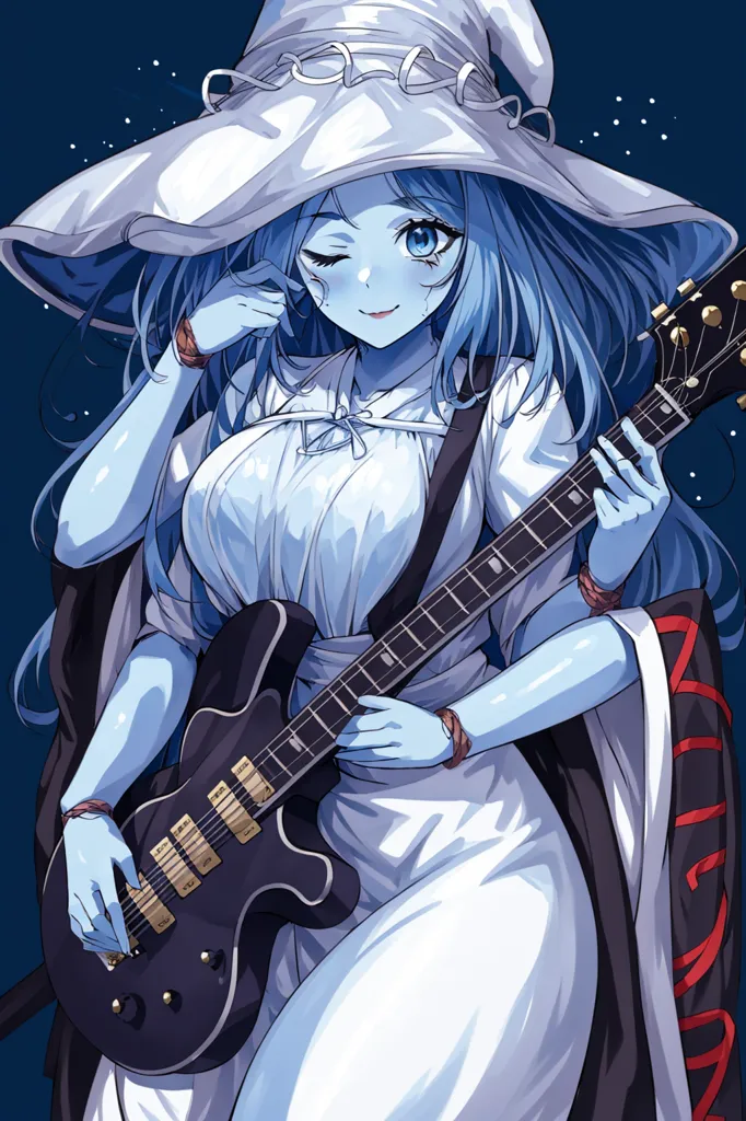 The image is of a blue-skinned girl with long, flowing hair. She is wearing a white dress with a black corset and a white hat with a wide brim. She is playing a black electric guitar. She has four arms, two of which are strumming the guitar, one is holding the neck of the guitar, and the fourth is holding the fretboard. She has a wink on her face. There are stars in the background.