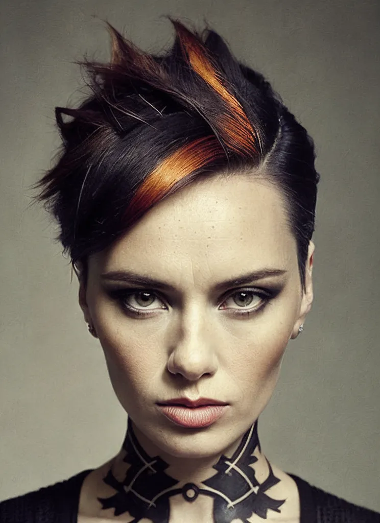 La foto muestra a una mujer joven con un corte de pelo corto. El cabello en la parte superior de su cabeza es negro y naranja. El cabello en los lados y la parte posterior de su cabeza es negro. Tiene cejas oscuras y ojos marrones claros. Lleva un collar negro. Tiene una expresión seria en su rostro.