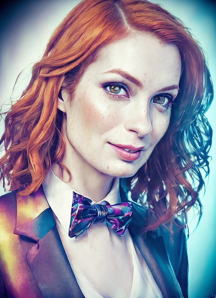 This is an image of a young woman with long red curly hair. She is wearing a white shirt and a suit with a multicolored bowtie. She has a beauty mark on her right cheek. She is looking at the camera with a slight smile on her face. The background is light blue.