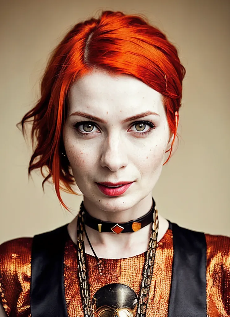 The picture shows a beautiful young woman with an unusual appearance. She has bright red hair, green eyes, and a fair complexion with freckles. She is wearing a black choker with a red and brown pendant, as well as several bronze necklaces. The woman is wearing a brown and gold metallic shirt with a black vest. She has a confident expression on her face and is looking directly at the viewer.