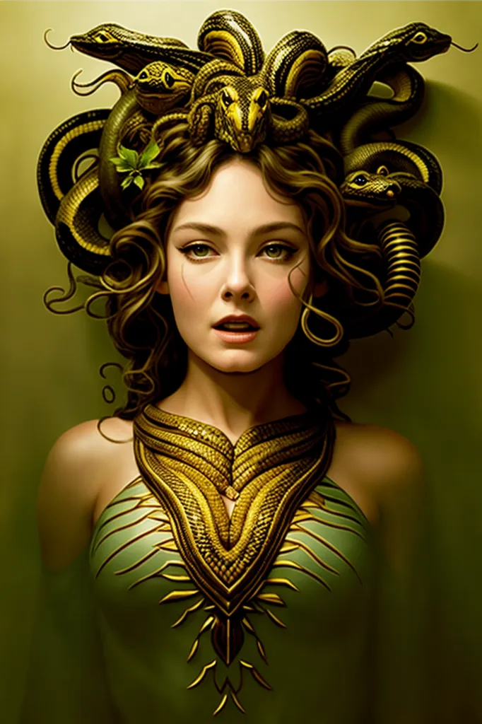 The image shows a woman with long brown hair and green eyes. She is wearing a golden necklace and a green dress. Her hair is arranged in a way that it looks like snakes. The woman has a surprised expression on her face.