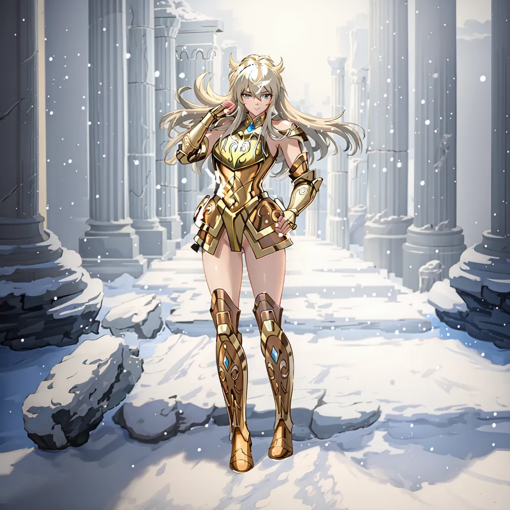 The picture shows a young woman standing in a snowy landscape. She is wearing a golden armor and has long blond hair. The woman is looking to the left with a serious expression on her face.