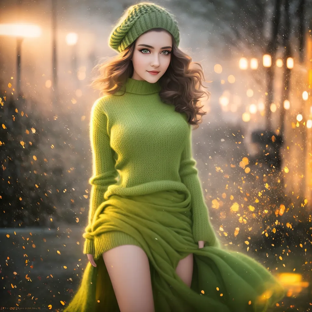 The image is a portrait of a beautiful young woman. She has long, wavy brown hair and green eyes. She is wearing a green beret and a green turtleneck sweater dress. The dress is high-collared and has a slit up one leg. She is standing in a snowy forest, and there are snowflakes falling around her. The background is blurry, but there are some trees and lights visible.