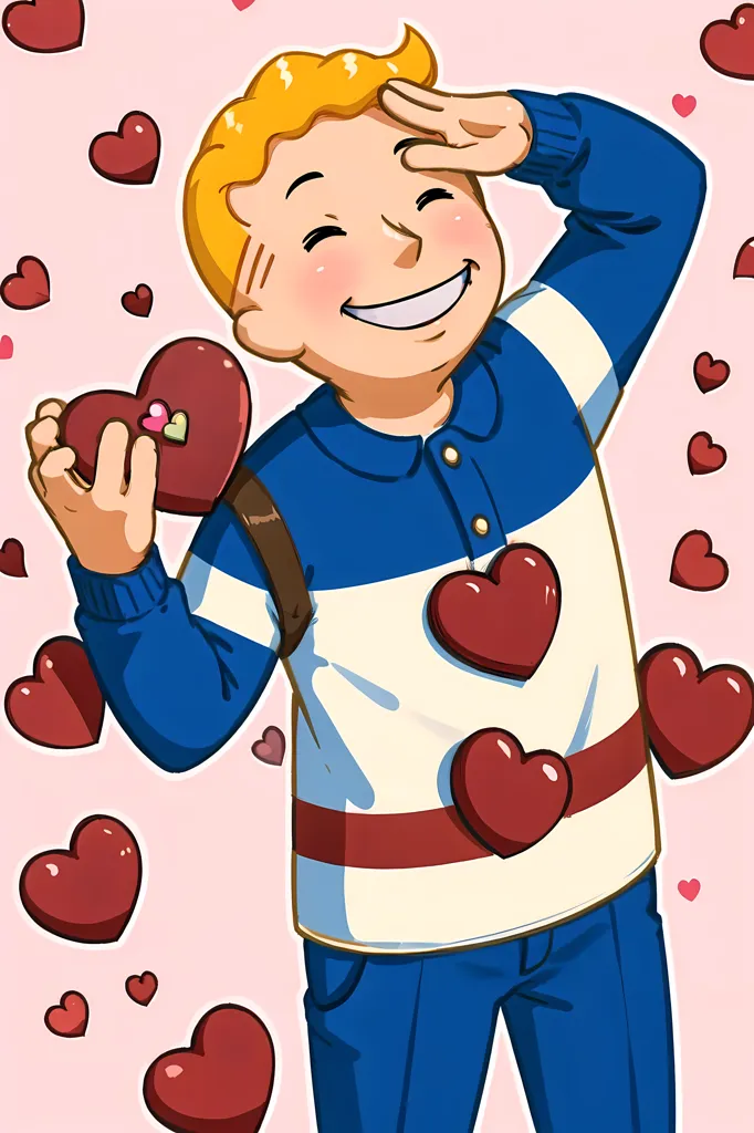 This image shows a young boy with blond hair and blue eyes. He is wearing a blue and white striped shirt and blue pants. He has a big smile on his face and is holding a heart-shaped box of chocolates in his left hand. He is also wearing a Vault-Tec backpack. There are hearts all around him.