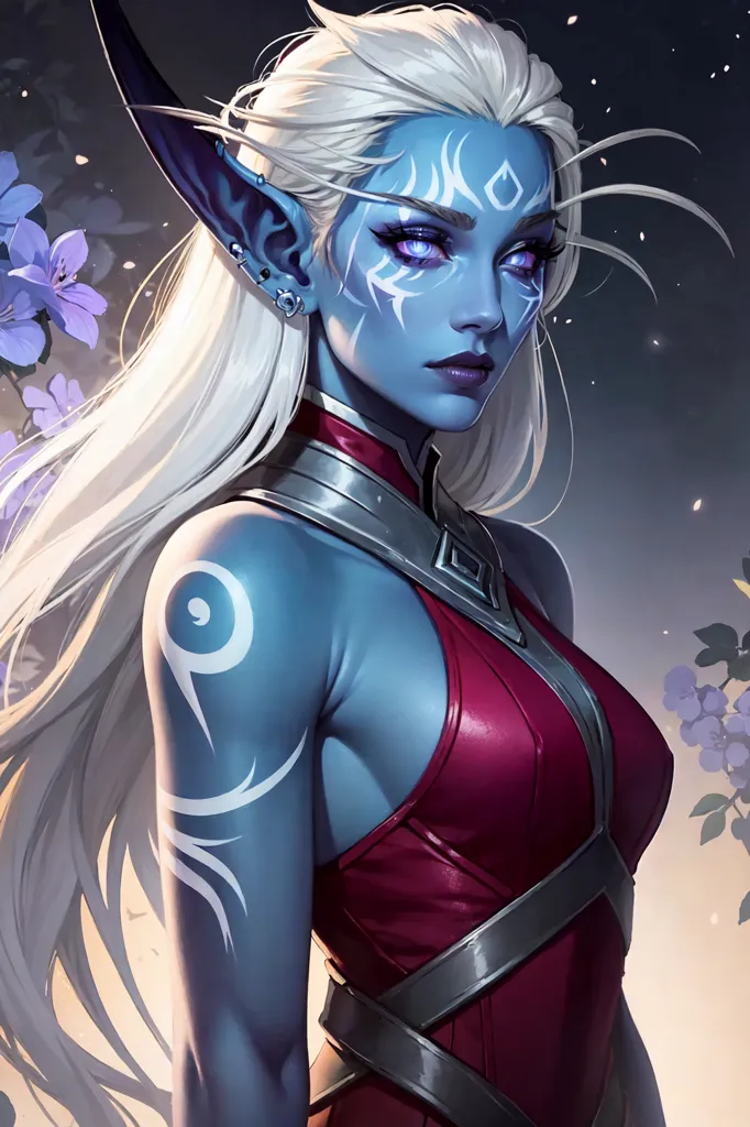 L'image représente une belle femme elfe à la peau bleue avec de longs cheveux blancs. Elle porte une tenue rouge et argent et a des tatouages blancs complexes sur le visage et le corps. Elle se tient devant un fond sombre avec des fleurs violettes.