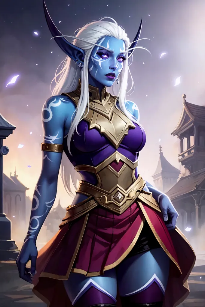 The picture shows a blue-skinned female elf with long white hair. She is wearing a purple and gold colored armor and a red skirt. She has a serious expression on her face and is looking at the viewer. She is standing in a city with a building in the background.