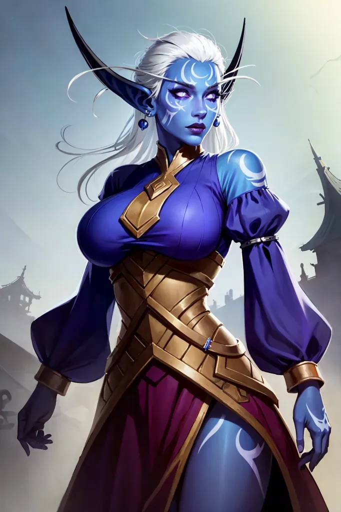 Esta es una imagen de una elfa drow femenina. Tiene el cabello largo y blanco, la piel azul y los ojos púrpura. Lleva un atuendo azul y dorado, y un cinturón dorado. También lleva un collar y pendientes. Está de pie en una pose segura, con las manos en las caderas. Está rodeada de un fondo azul difuminado, con edificios de estilo asiático a lo lejos.