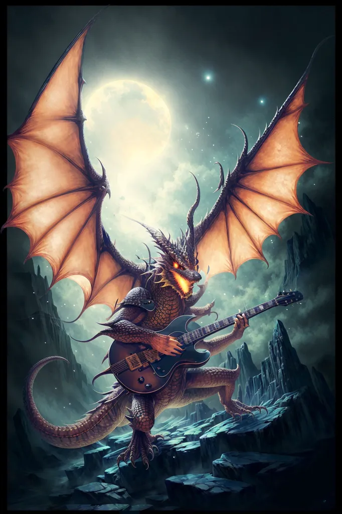 The image is a digital painting of a green dragon playing a Gibson electric guitar. The dragon is standing on a rock in front of a full moon. The dragon has its wings spread out and is breathing fire. The dragon is wearing a black leather vest and has a metal guitar pick in its mouth. The painting is done in a realistic style and the dragon is depicted in great detail. The image is set in a dark and stormy night. The dragon is the only source of light in the image and its scales are reflecting the moonlight. The image is full of energy and movement and the dragon is depicted as a powerful and majestic creature.