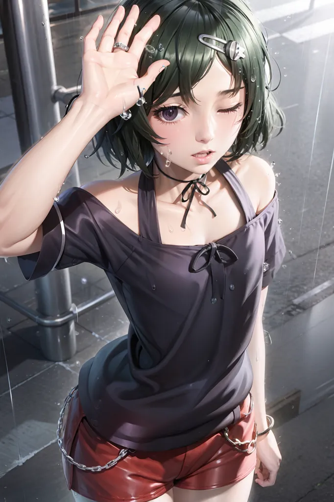 The image shows a young woman with green hair and purple eyes. She is wearing a black off-the-shoulder shirt and red shorts. She is standing in the rain with one hand raised to her head, and the other by her side. She has a small smile on her face.