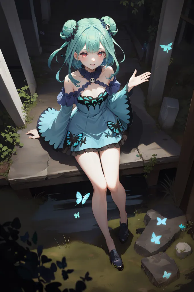 The image is of an anime girl with green hair and blue eyes. She is wearing a blue and black dress with a butterfly pattern. She is sitting on a stone slab in a garden with a dark background. There are butterflies flying around her.