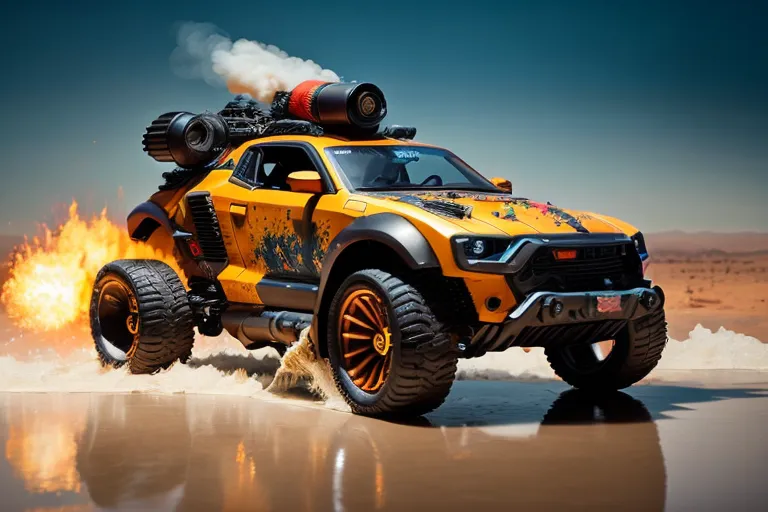 This is an image of a yellow futuristic car. It has four wheels and a large engine on the roof. The car is driving in the desert and there is sand and water splashing up behind it. The car is also shooting flames out of the back.