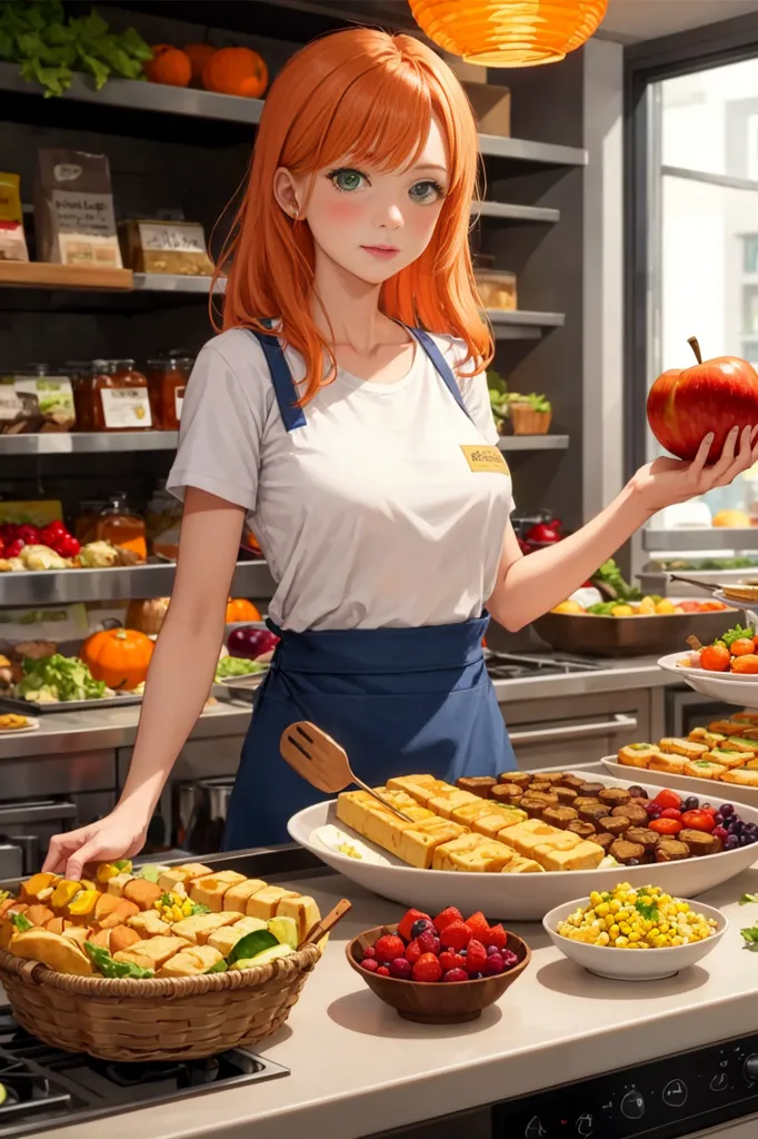 This is an image of a young woman standing in a kitchen or market. She has orange hair and green eyes, and she is wearing a white shirt, blue apron, and brown skirt. She has a friendly smile on her face, and she is holding an apple in her right hand. In front of her is a table full of food, including bread, fruit, and vegetables. There are also several baskets and bowls on the table. The background of the image is a kitchen or market, with shelves stocked with food and a large window in the background.