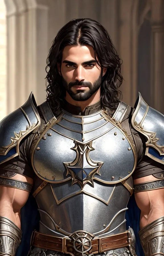 This is a picture of a man with long brown hair and a beard. He is wearing a suit of silver armor with a blue cape. He has a sword on his left hip and a dagger on his right hip. He looks like a warrior or a knight.