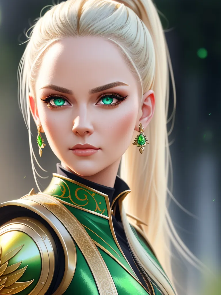 The image is a portrait of a beautiful young woman with long blonde hair and green eyes. She is wearing a green and gold outfit and has a determined expression on her face. She is also wearing a pair of gold earrings with green gems. The background is a blur of green and brown, suggesting that she is in a forest.