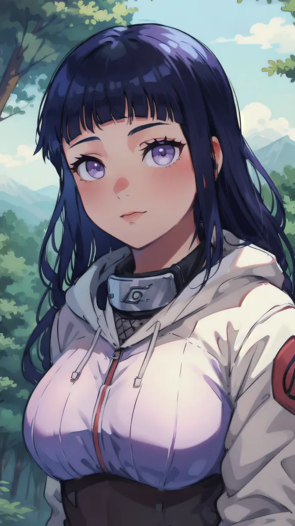 This image shows an anime-style drawing of a young woman. She has purple eyes and long, dark blue hair. She is wearing a white jacket with a purple zipper and a symbol on the collar. The jacket is open, showing a black sports bra underneath. She is also wearing a black choker and a metal headband with a symbol on it. She has a soft smile on her face and is looking at the viewer. She is standing in front of a green forest with mountains in the distance.