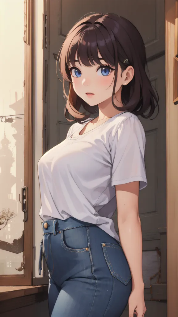 The image is a painting of a young woman with brown hair and blue eyes. She is wearing a white T-shirt and blue jeans. She is standing in a doorway, and there is a building in the background. The painting is done in a realistic style, and the artist has paid close attention to detail. The woman's expression is one of innocence and curiosity. She is looking at the viewer with a slightly puzzled expression, as if she is trying to figure out what they are thinking. The painting is bathed in a warm light, which gives it a feeling of peace and tranquility.