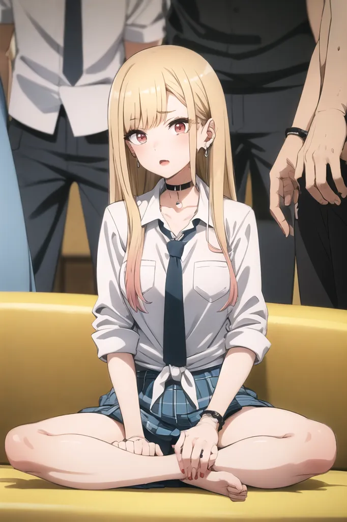 The image is of a young woman with long blonde hair and red eyes. She is wearing a white shirt, a gray tie, and a plaid skirt. She is sitting on a couch with her legs crossed and her hands together in her lap. She is looking at the viewer with a surprised expression on her face. There are three men standing behind her, all wearing suits.