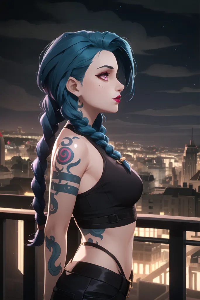 The image is of a young woman with blue hair and pink eyes. She is wearing a black crop top and black pants. She has a tattoo on her right arm and a piercing in her left ear. She is standing on a rooftop, looking out over a city. The city is in the background and is out of focus. The woman is in the foreground and is in focus. She is looking to the right of the frame. She has a confident expression on her face.