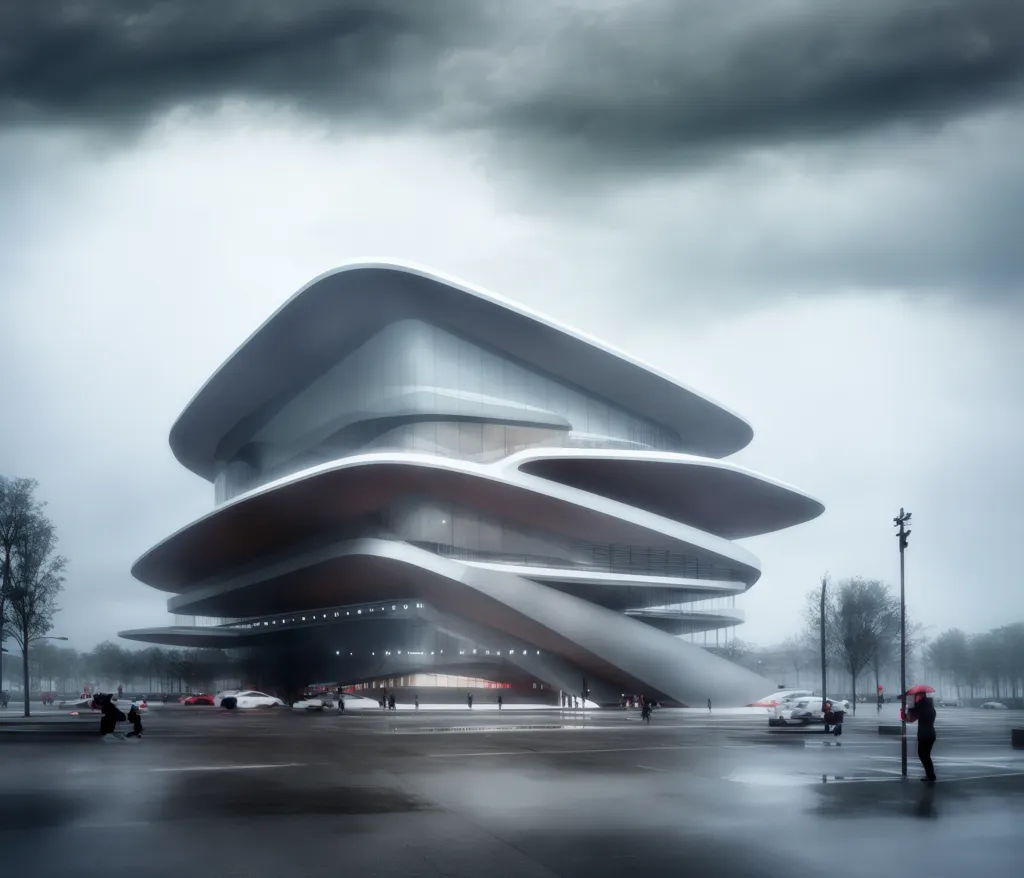 The image is a futuristic building with a long curved roof. The building is made of glass and metal and has a modern design. It is located in a city and is surrounded by trees and cars. The sky is cloudy and it is raining. There are people walking around with their umbrellas.