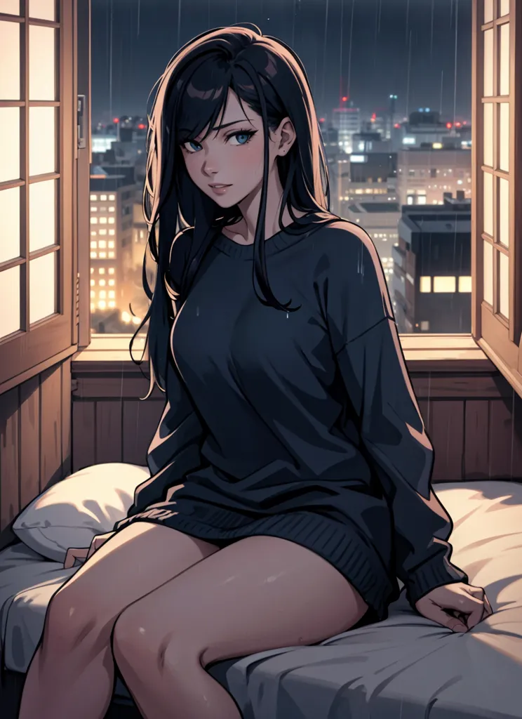 The image is a digital painting of a young woman sitting on a bed in front of a window. She is wearing a black sweater and has long black hair and blue eyes. The window is open, and it is raining outside. The city lights are reflected in the window.