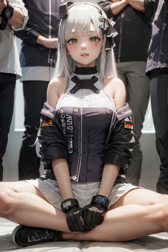 The image is an anime-style drawing of a young woman with long white hair and green eyes. She is wearing a black and white outfit with a white choker and a black jacket with white and yellow stripes on the sleeves. She is also wearing black gloves and white sneakers. She is sitting on the ground with her legs crossed and her hands in her lap. She has a sad expression on her face. There are several people standing behind her. They are all wearing the same black and white outfit. They are all looking at her with serious expressions.