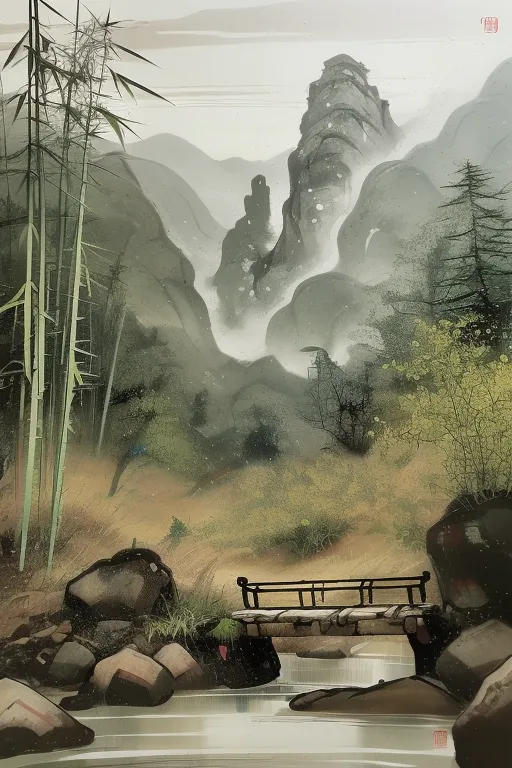 The image is a Chinese painting of a landscape. It is done in the style of the Song Dynasty. The painting depicts a mountain valley with a river running through it. The mountains are covered in mist and the trees are lush and green. There is a small bridge in the foreground of the painting. The painting is very peaceful and serene.