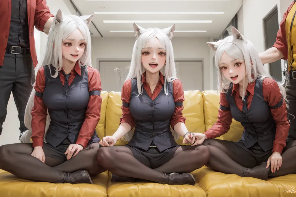 The image shows three identical anime girls with white cat ears and long white hair. They are all wearing the same outfit, which consists of a gray vest, a red dress shirt, and black shorts. They are all sitting on a yellow couch, with their legs crossed and their hands clasped together. The girls have different facial expressions. The girl on the left has a neutral expression, the girl in the middle has a happy expression, and the girl on the right has a slightly surprised expression. There is a man standing behind each of the girls. Each man is wearing a red shirt and black pants. The man behind the girl on the left is holding her hair, the man behind the girl in the middle is holding her hands, and the man behind the girl on the right is holding her leg.