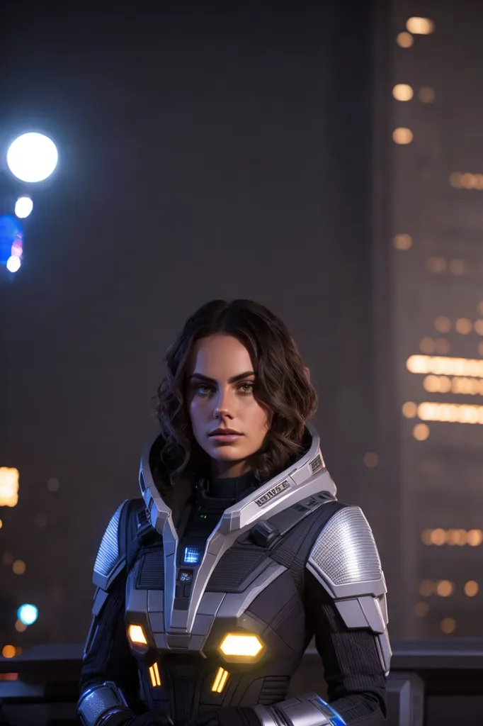 The image shows a young woman standing on a rooftop in a futuristic city. She is wearing a black and gray armored suit with a high collar and a glowing yellow light on her chest. She has brown hair and brown eyes, and she is looking at the camera with a serious expression. The background of the image is a blurred cityscape with bright lights.