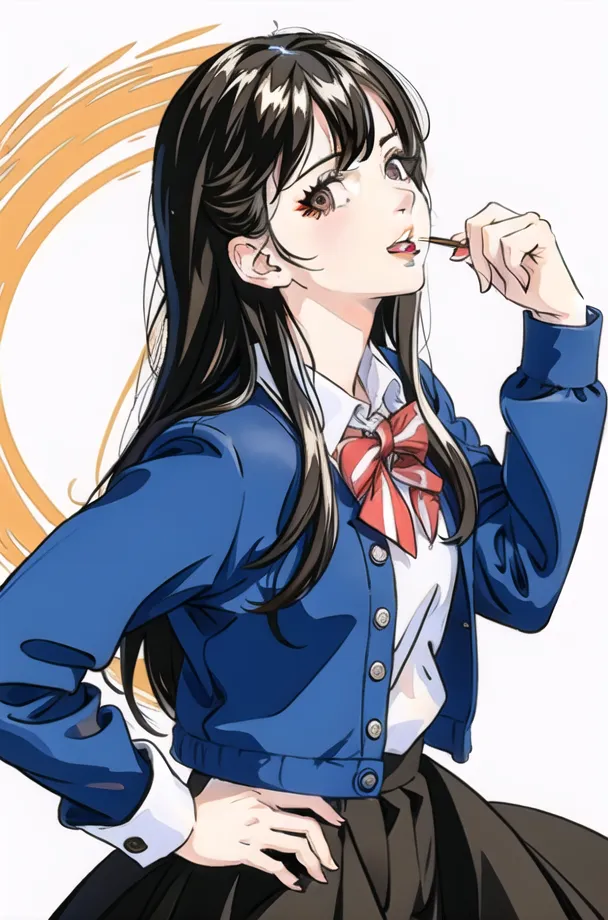 The image shows a young girl with long, dark brown hair. She is wearing a white shirt, a blue blazer, and a red bow tie. She has a small smile on her face and is looking to the right. She is holding a pencil in her right hand and has it near her lips.