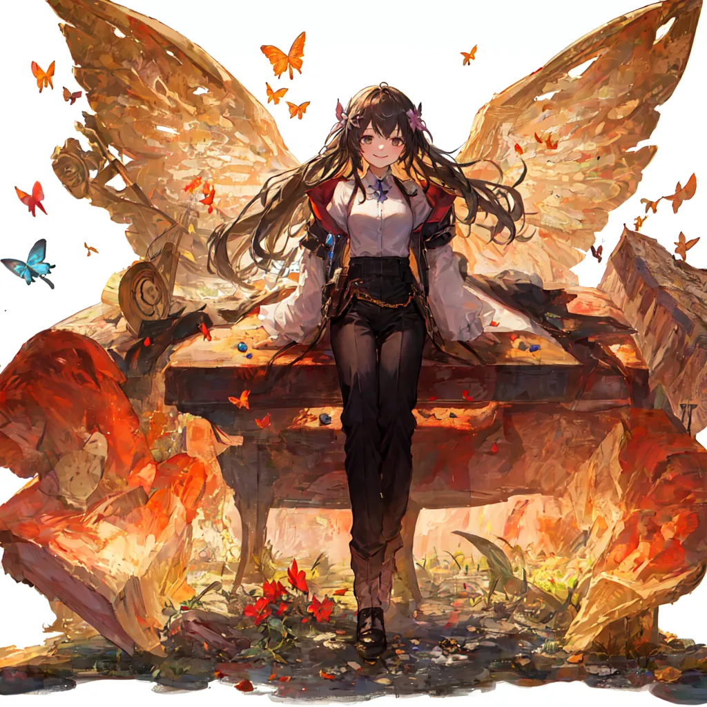 The image is a painting of a young woman with long brown hair and brown eyes. She is wearing a white shirt, black vest, and black pants. She has a pair of golden wings with butterfly-like patterns on them. She is sitting on a stone slab with her right leg crossed over her left. There are several butterflies of various colors flying around her. The background is a blur of color.