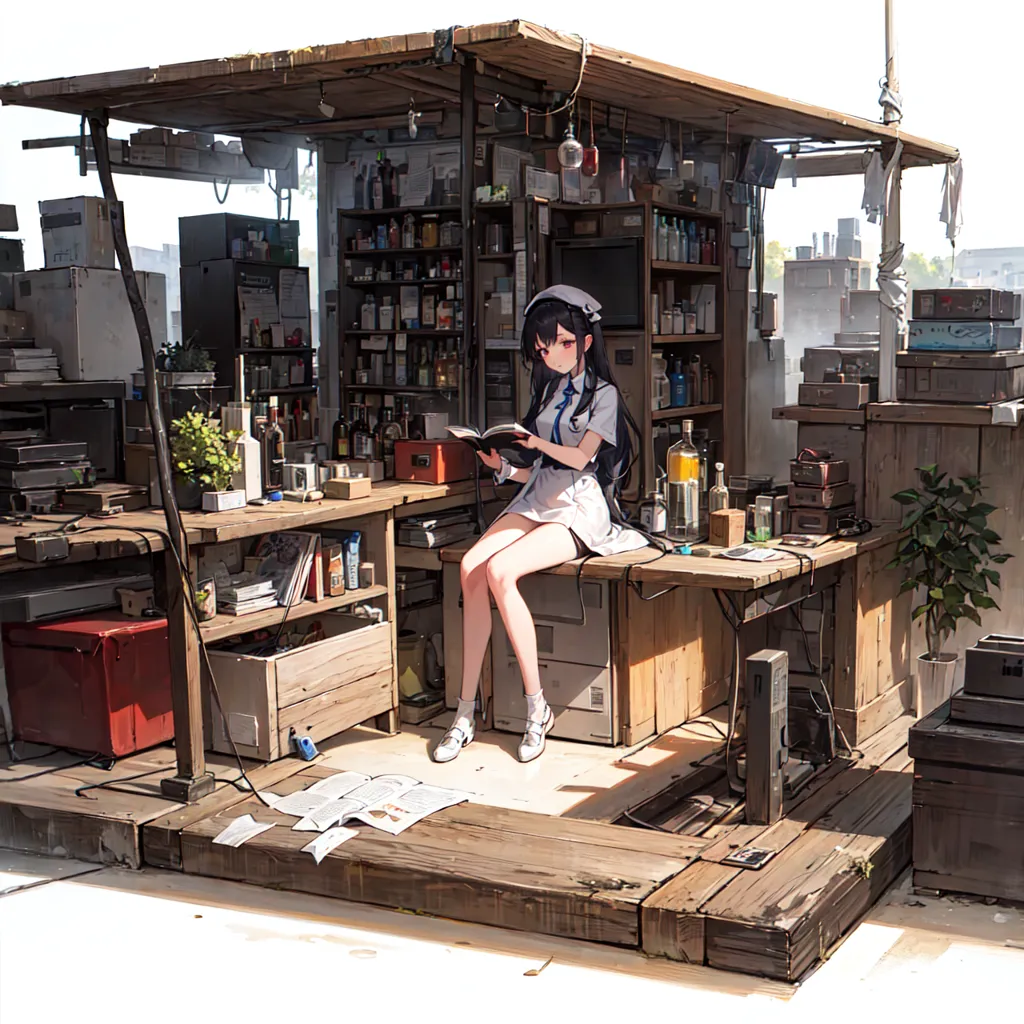 この画像には、雑然とした部屋の木製のカウンターに座る少女が写っています。部屋には本、ボトル、工具など、さまざまな物が散乱しています。少女は白いドレスを着て、長い黒髪をしています。彼女は本を読んでいます。部屋は1つの電球で照らされています。