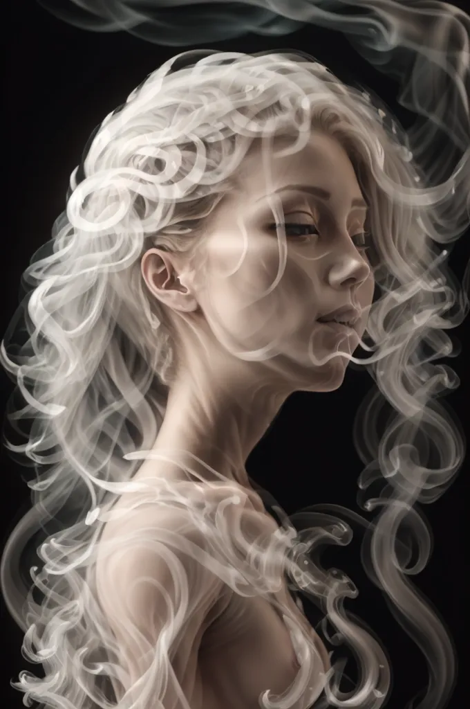 The image is a portrait of a woman with long, flowing white hair. The hair is made up of smoke, and it is wrapped around her body in a way that suggests that she is trapped or ensnared. The woman's face is pale and expressionless, and her eyes are closed. She seems to be in a state of trance or meditation. The background is black, which adds to the sense of mystery and intrigue. The image is both beautiful and haunting, and it leaves the viewer with a sense of wonder and unease.